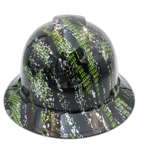 Green Carbon Urban Camo Black Custom Hydro Dipped Full Brim Hard Hat - Front View