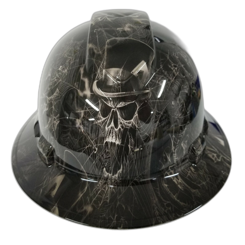 Top Hat Spider Web Skulls Custom Hydro Dipped Full Brim Hard Hat - Front View