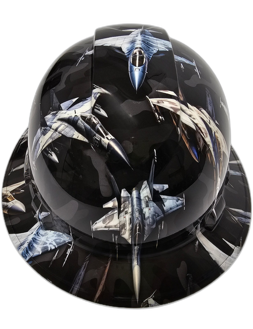 Urban Camo Fighter Jets Custom Hydro Dipped Full Brim Hard Hat - Front View