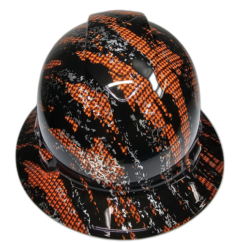 Orange Urban Camo Carbon Fiber Custom Hydro Dipped Full Brim Hard Hat - Front View