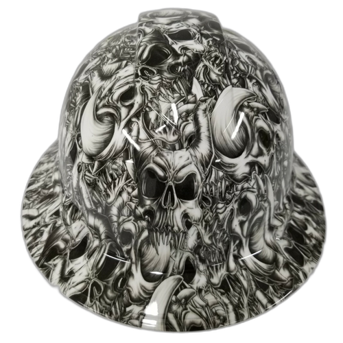 2 Horned Beast White Custom Hydro Dipped Full Brim Hard Hat - Front View