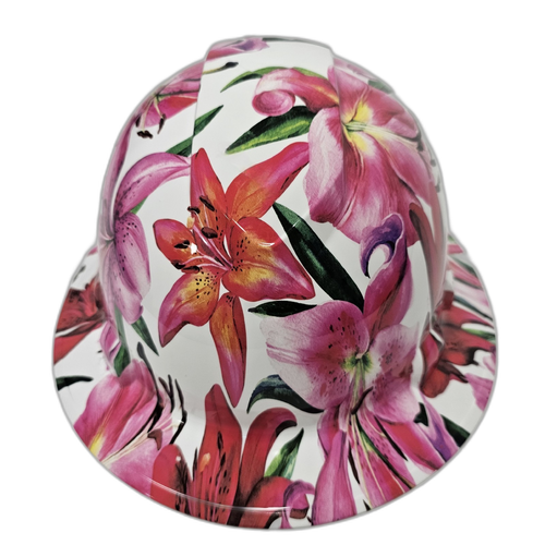 Stargazer Lillies Flowers Custom Hydro Dipped Full Brim Hard Hat - Front View