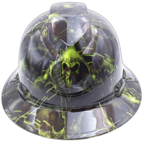 Dark Raiser Skulls Green Custom Hydro Dipped Full Brim Hard Hat - Front View