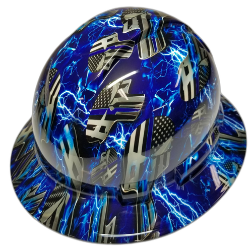 Blue Line Ice Skulls Blue Lightning Custom Hydro Dipped Full Brim Hard Hat - Front View