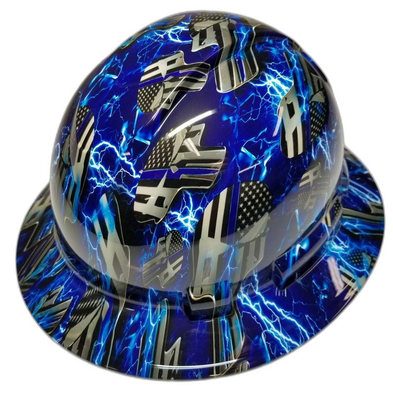 Thin Blue Line Flag Lightning hard hat front view