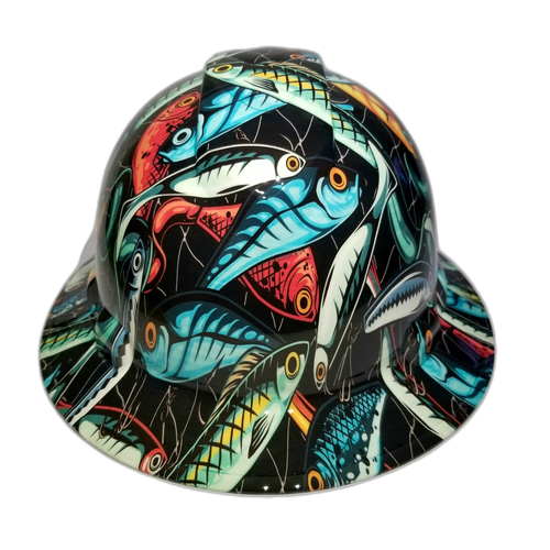 Big Bass Fishing Lures Custom Hydro Dipped Full Brim Hard Hat - Front View