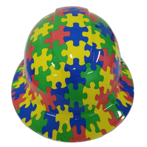 Autism Awareness Puzzle Pieces Custom Hydro Dipped Full Brim Hard Hat - Front View