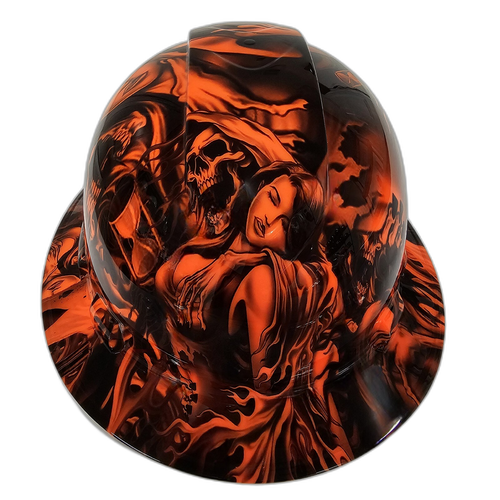 Hi Vis Orange Soul Reaper Custom Hydro Dipped Full Brim Hard Hat - Front View