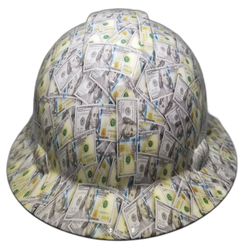 Big Face Hundred Dollar Bills Custom Hydro Dipped Full Brim Hard Hat - Front View
