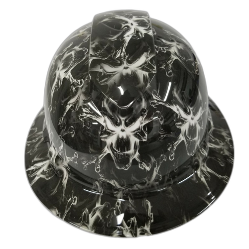 Black and white skulls Custom Hydro Dipped Full Brim Hard Hat - Front View