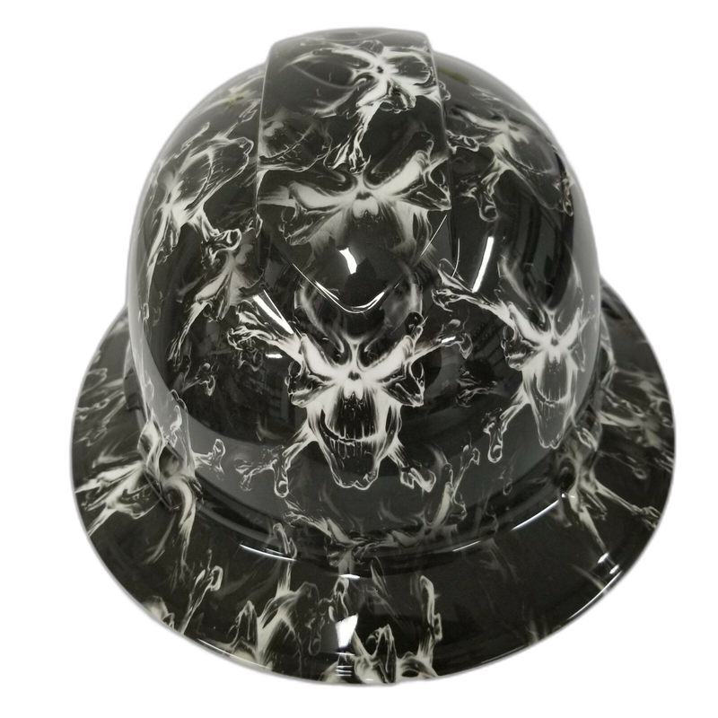 Ghostly White Skulls on Black hard hat front view