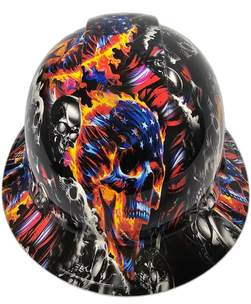 American Flaming Skulls Till Death Custom Hydro Dipped Full Brim Hard Hat - Front View