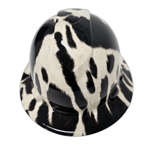 Black And White Cow Hide Custom Hydro Dipped Full Brim Hard Hat - Front View