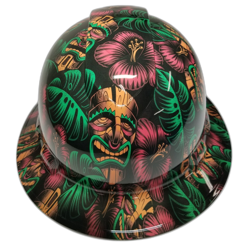 Tiki Masks Polynesian Hawaiian Aloha Custom Hydro Dipped Full Brim Hard Hat - Front View