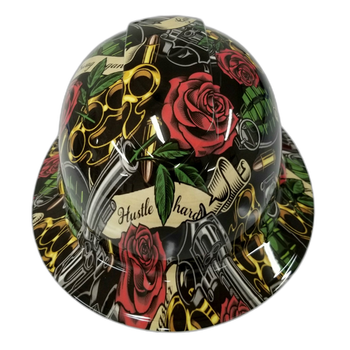 Hustle Hard Knuckles Roses Custom Hydro Dipped Full Brim Hard Hat - Front View