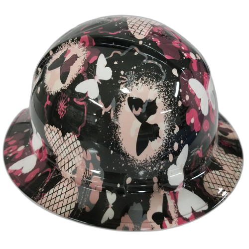 Pink Abstract Butterflies Custom Hydro Dipped Full Brim Hard Hat - Left Side View