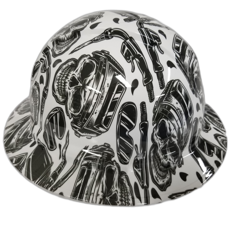 Welder Skull & Torch on White hard hat left side view