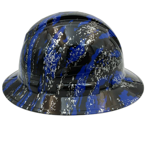 Urban Camo Blue Splash Custom Hydro Dipped Full Brim Hard Hat - Left Side View