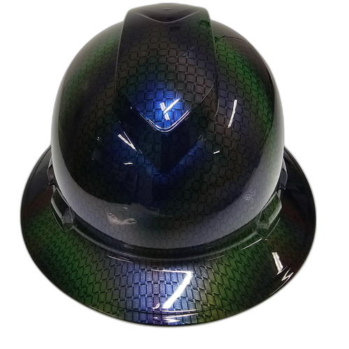 Multi Color Basket Weave Carbon Fiber Custom Hydro Dipped Full Brim Hard Hat - Left Side View