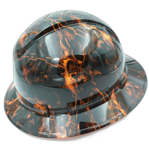 Dark Raiser Skulls Hi Vis Orange Custom Hydro Dipped Full Brim Hard Hat - Left Side View