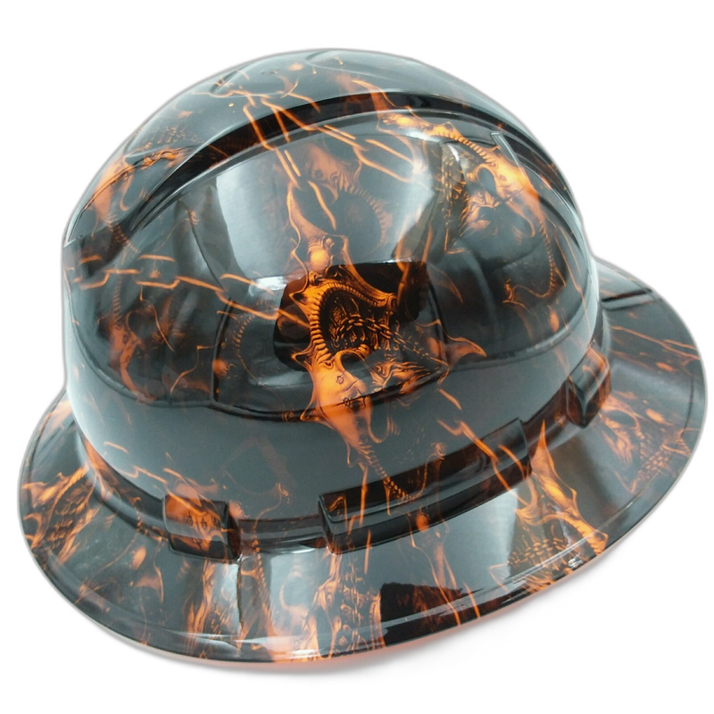 Hi-Vis Orange Demon Skulls hard hat left side view