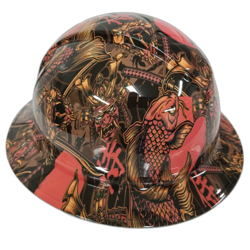 Japanese Foo Dog Koi Fish Custom Hydro Dipped Full Brim Hard Hat - Left Side View