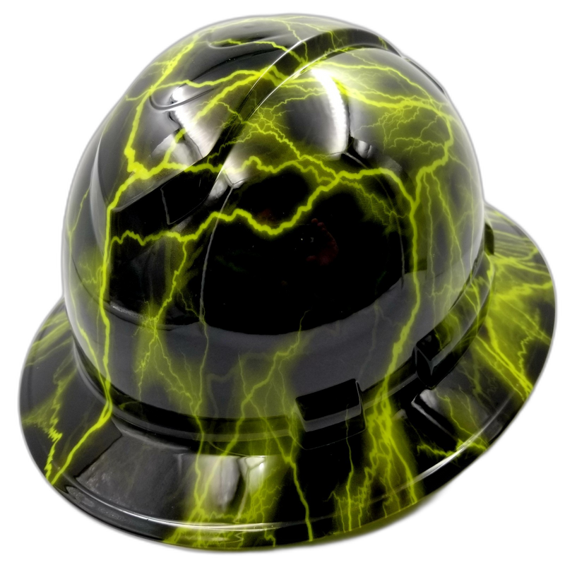 Lime Green Lightning Bolts hard hat left side view