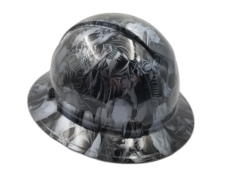 Gunmetal Skulls & Tropical Palm hard hat left side view