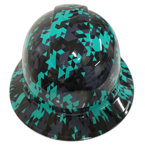 Turquoise Teal Abstract Tactical Camo Custom Hydro Dipped Full Brim Hard Hat - Left Side View