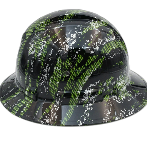 Green Carbon Urban Camo Black Custom Hydro Dipped Full Brim Hard Hat - Left Side View