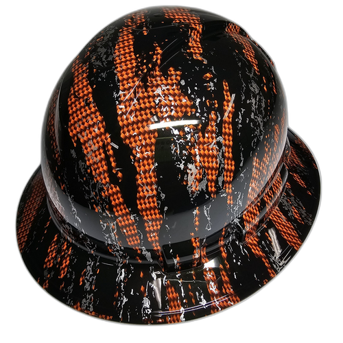 Orange Urban Camo Carbon Fiber Custom Hydro Dipped Full Brim Hard Hat - Left Side View