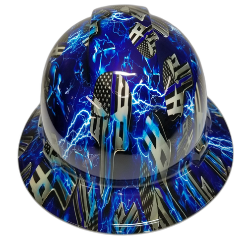 Blue Line Ice Skulls Blue Lightning Custom Hydro Dipped Full Brim Hard Hat - Left Side View