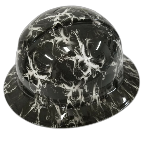 Black and white skulls Custom Hydro Dipped Full Brim Hard Hat - Left Side View