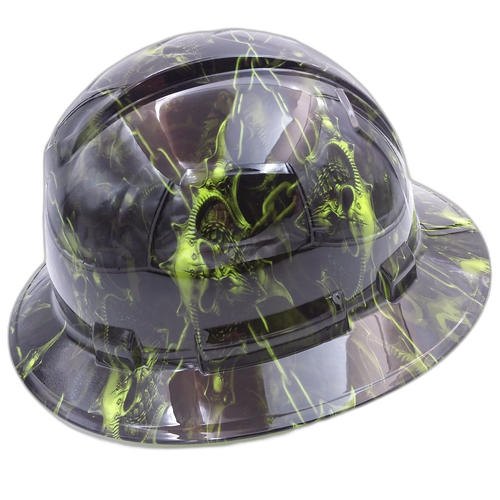 Dark Raiser Skulls Green Custom Hydro Dipped Full Brim Hard Hat - Left Side View