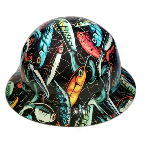 Big Bass Fishing Lures Custom Hydro Dipped Full Brim Hard Hat - Left Side View