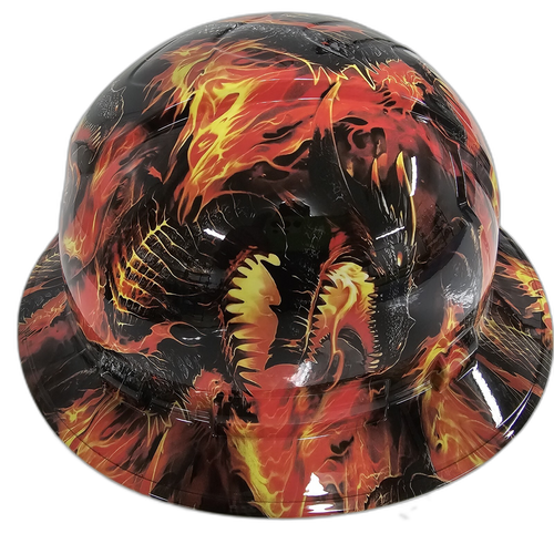 Fire Breathing Dragon Custom Hydro Dipped Full Brim Hard Hat - Left Side View