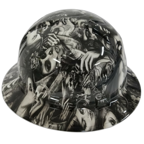 Day Of Dead Girls Tattoo Style Custom Hydro Dipped Full Brim Hard Hat - Left Side View