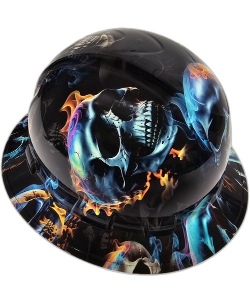 Realistic Flaming Skulls Custom Hydro Dipped Full Brim Hard Hat - Left Side View