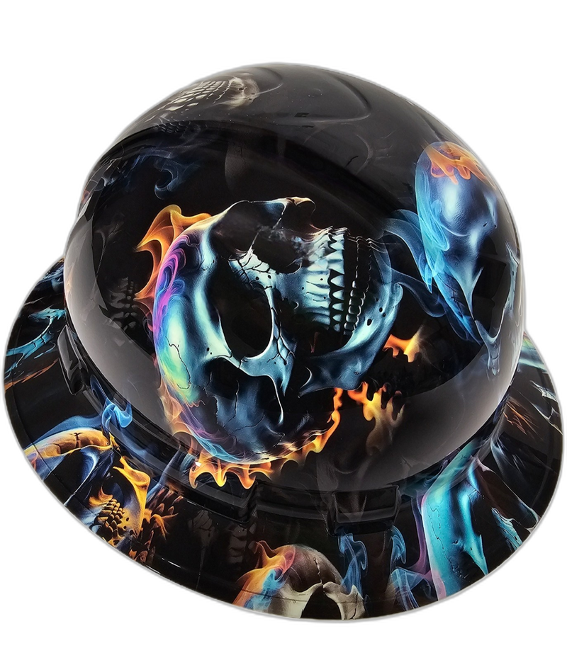 Realistic Flaming Skulls Fire hard hat left side view