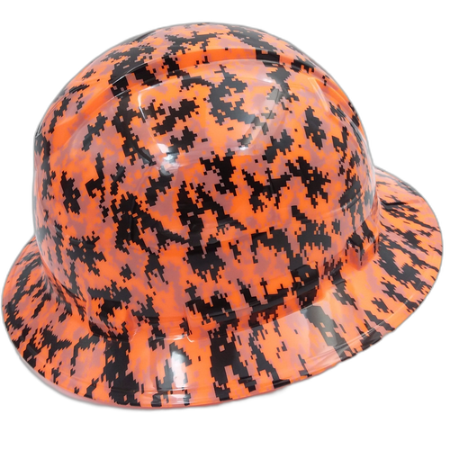 Digital Orange Camo Custom Hydro Dipped Full Brim Hard Hat - Left Side View