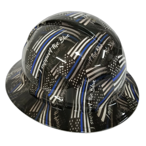 Support The Blue Thin Blue Line Custom Hydro Dipped Full Brim Hard Hat - Left Side View