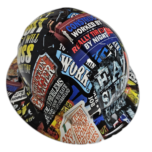 Construction Worker Sticker Bomb Custom Hydro Dipped Full Brim Hard Hat - Left Side View