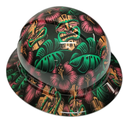 Tiki Masks Polynesian Hawaiian Aloha Custom Hydro Dipped Full Brim Hard Hat - Left Side View