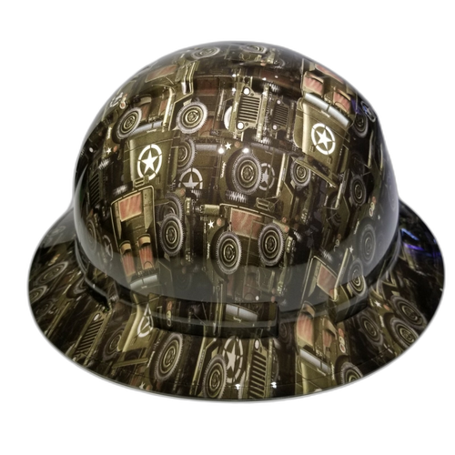 Military Truck Camo Custom Hydro Dipped Full Brim Hard Hat - Left Side View