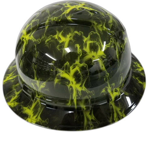 Black And Hi Vis Green Skull Custom Hydro Dipped Full Brim Hard Hat - Left Side View