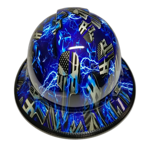 Blue Line Ice Skulls Custom Hydro Dipped Full Brim Hard Hat - Left Side View