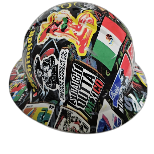 Mexican Extreme Sticker Bomb Custom Hydro Dipped Full Brim Hard Hat - Left Side View