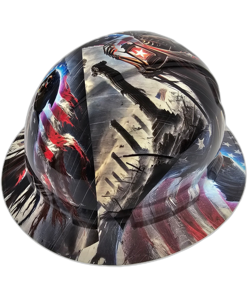 American Grim Reaper USA Flag Waving Custom Hydro Dipped Full Brim Hard Hat - Left Side View