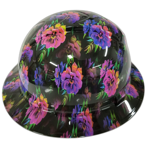 Neon Flowers Great Color Custom Hydro Dipped Full Brim Hard Hat - Front View