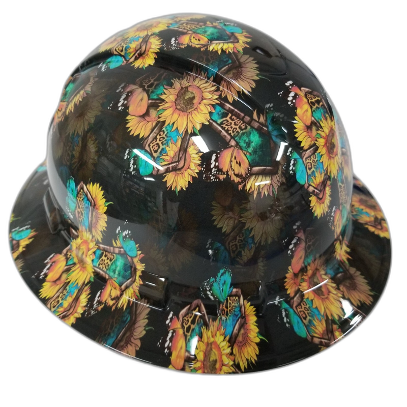 Sunflower Leopard Cross Butterfly hard hat left side view